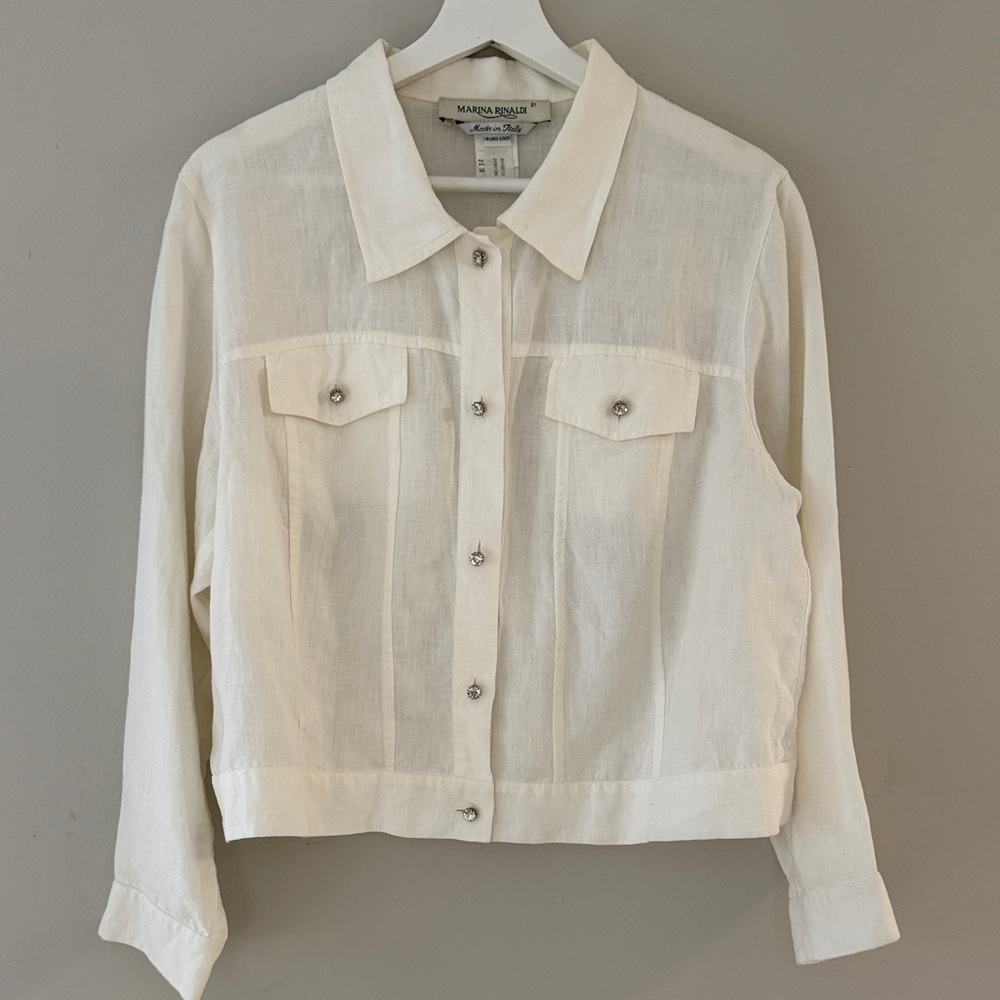 Marina Rinaldi Off White100% Linen Women Medium Diamond Rhinestone Button Blouse